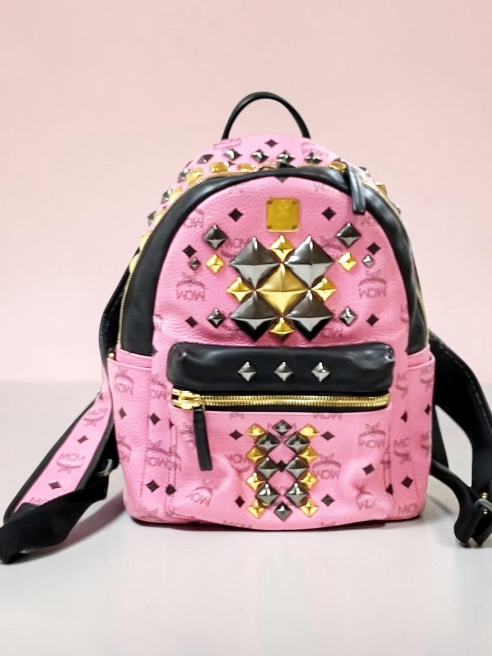 MCM Pink Studded Leather Mini Backpack with Black Trim